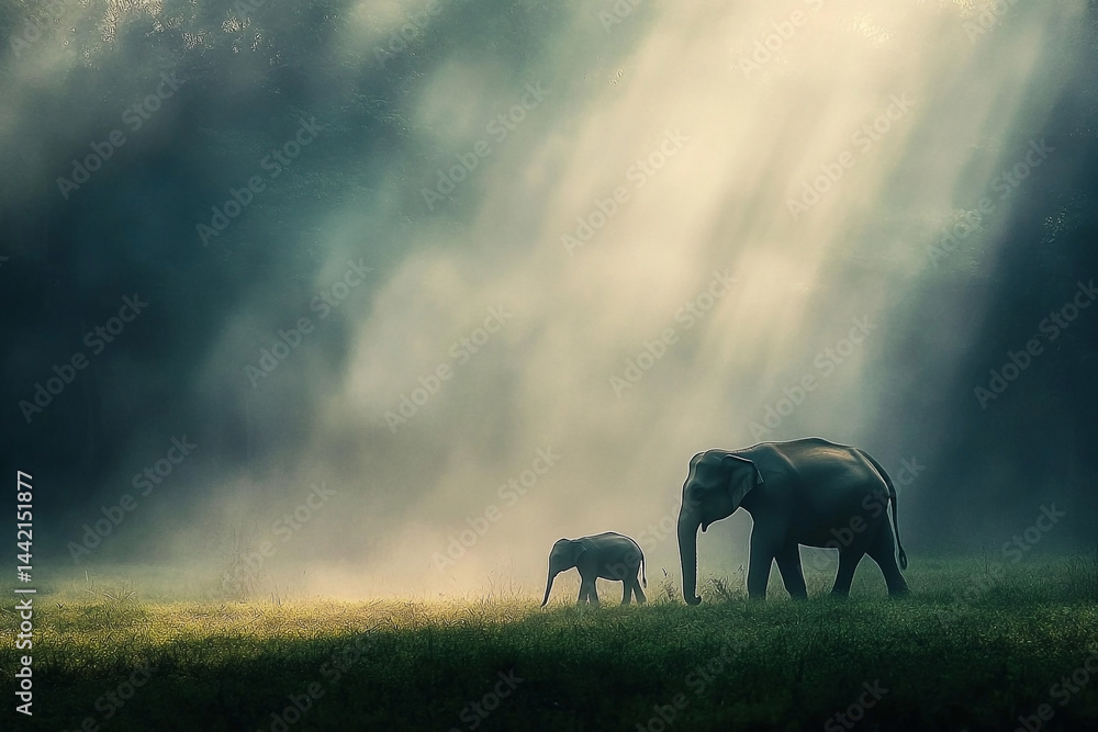 Elephant family traversing sunlit meadow, shrouded in ethereal mist