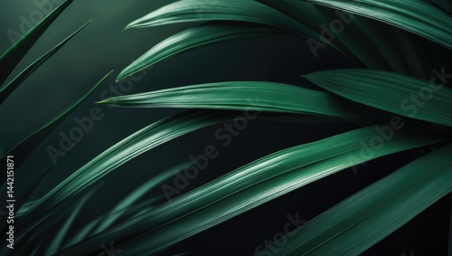 Natural green palm leaf in dark tones amidst rainy season, perfect as a backdrop or wallpaper for design purposes.