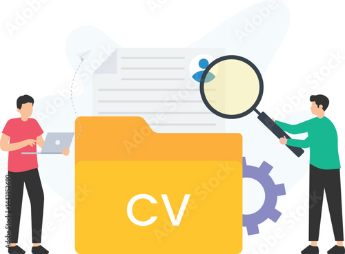 Two recruiters analyzing curriculum vitae with a magnifying glass and laptop, representing the meticulous job application process and the search for the perfect candidate

