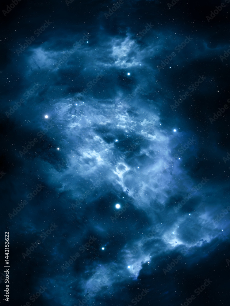 Obraz premium Interstellar dust in the universe. Birth of stars in a cosmic gas cloud. Nebula in space. Cluster of blue stars.
