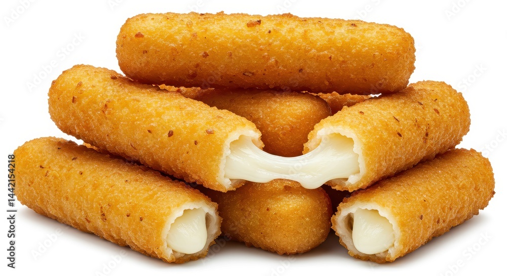 A stack of golden fried mozzarella sticks with visible cheese filling on a white background surface A stack of golden fried mozzarella sticks with visible cheese filling on a white background surface