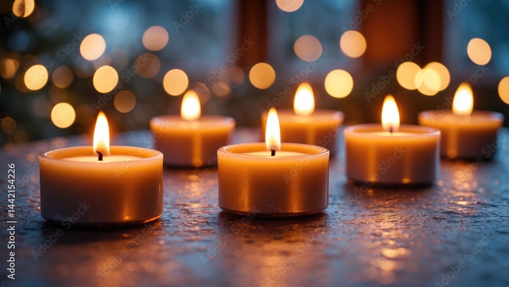Close-up of a beautiful burning wax candle on table Close-up of a beautiful burning wax candle on table