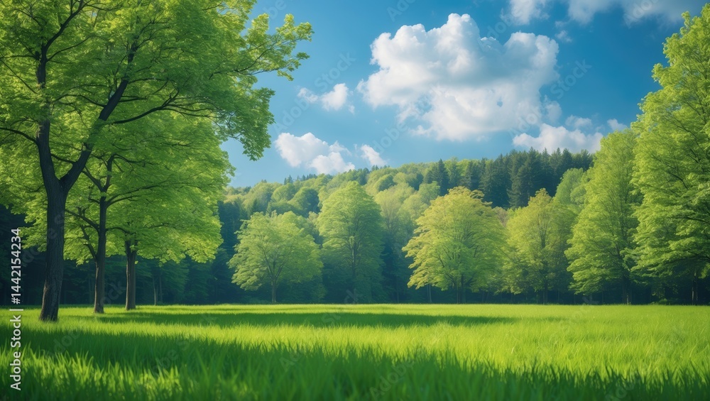 Obraz premium Greenery of trees and grass in a sunny meadow beneath a blue sky