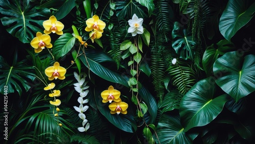 Dark Green Tropical Leaves Grouping, Lush Foliage Leaf Texture