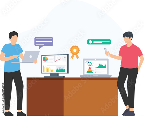 Two young business professionals are collaborating on a project, analyzing financial charts and data displayed on a computer and smartphone, striving for success and achieving business goals

