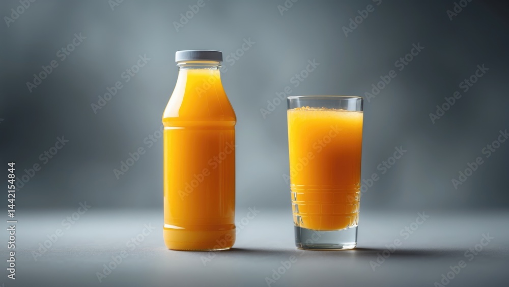Beverages of pineapple or orange juice in bottles and glasses on a food-themed background Beverages of pineapple or orange juice in bottles and glasses on a food-themed background