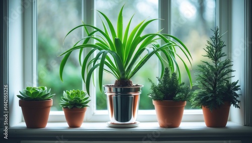 Potted green flowers placed on the windowsill, close-up shot