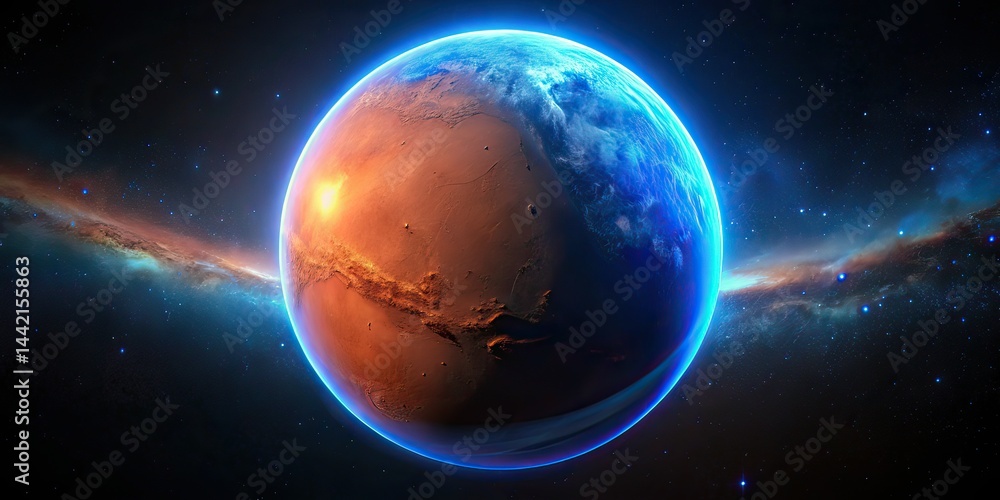 Mars 3D Render, Glowing Blue Rim, Drone Photography, Starry Night