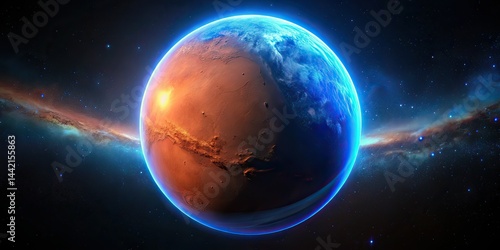 Obraz na płótnie Mars 3D Render, Glowing Blue Rim, Drone Photography, Starry Night w salonie