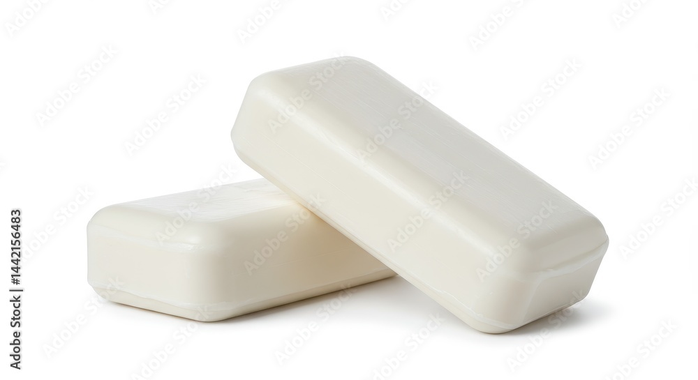 Two bars of white soap stacked diagonally on a white surface in a studio shot with soft lighting Two bars of white soap stacked diagonally on a white surface in a studio shot with soft lighting