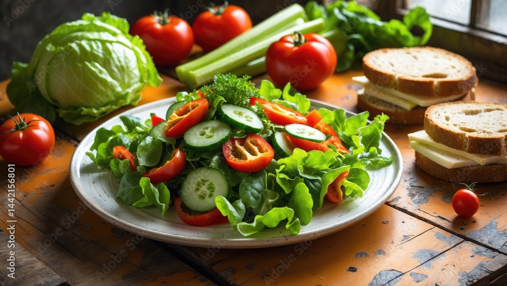Fresh vegetable salad with a sandwich filled with soft cheese and whole wheat loaves. The notion of a healthy diet or being vegetarian. Fresh vegetable salad with a sandwich filled with soft cheese and whole wheat loaves. The notion of a healthy diet or being vegetarian.