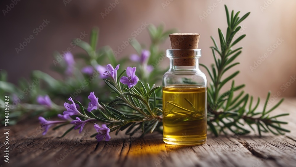 Glass vial holding Rosemary essential oil with a floral plant background Glass vial holding Rosemary essential oil with a floral plant background