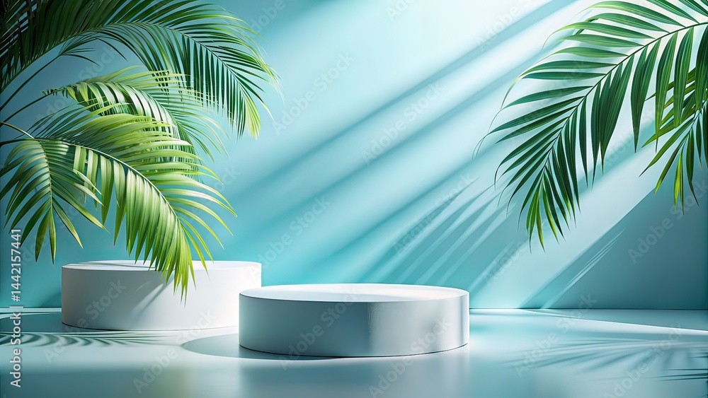 Minimalist Cosmetic Podium, Abstract Background, Palm Leaves, Pastel Blue