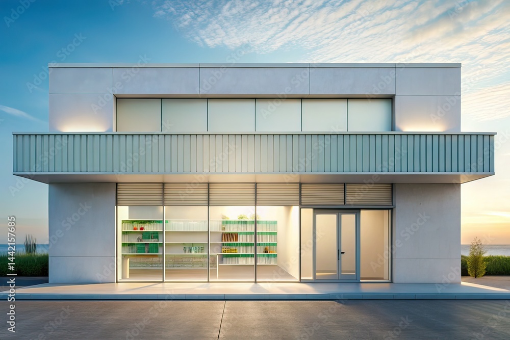 Minimalist Facade Pharmacy Photography, Modern Drugstore Exterior, Clean Architecture