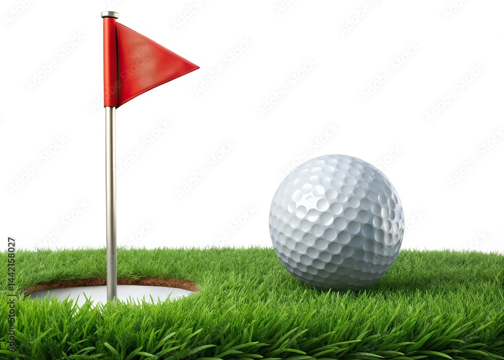 Minimalist Golf Ball, Green Grass, Hole, Red Flag - AI Photography