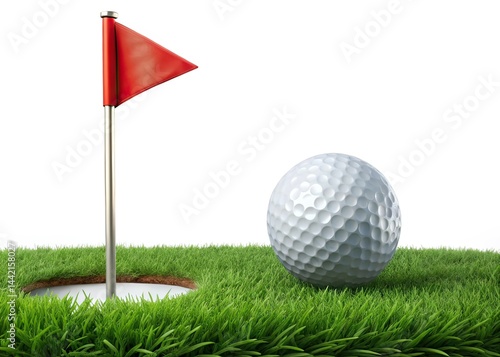 Obraz na płótnie Minimalist Golf Ball, Green Grass, Hole, Red Flag - AI Photography w salonie