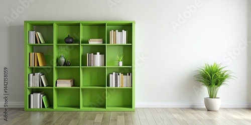 Obraz na płótnie Minimalist Green Bookshelf - Modern Room - AI Photo w salonie
