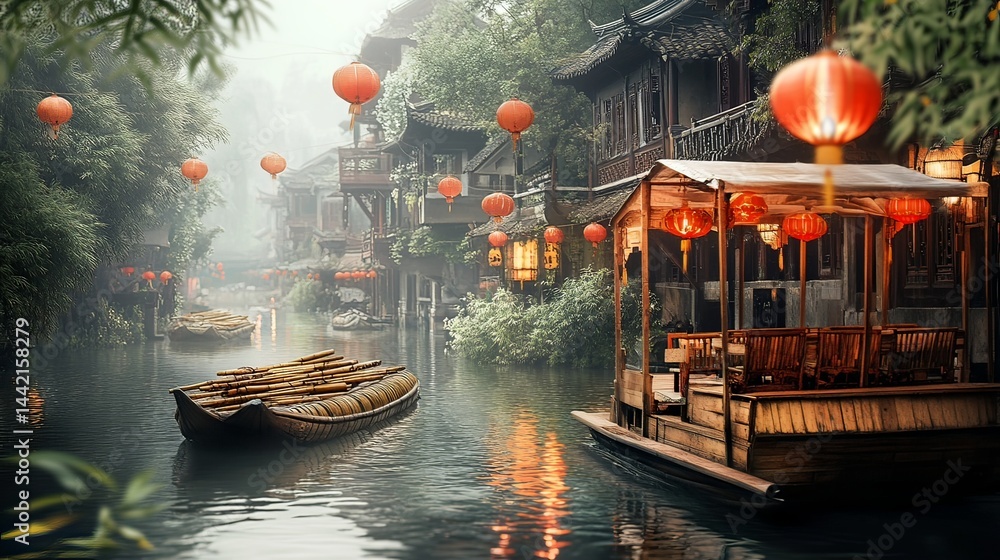 Obraz premium Tranquil boat ride ancient water village scenic view misty atmosphere serene experience