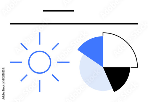 Minimalist sunburst and segmented pie chart for communication of data, energy balance, and sustainability. Ideal for analytics, energy, design, infographics, presentations, education flat simple
