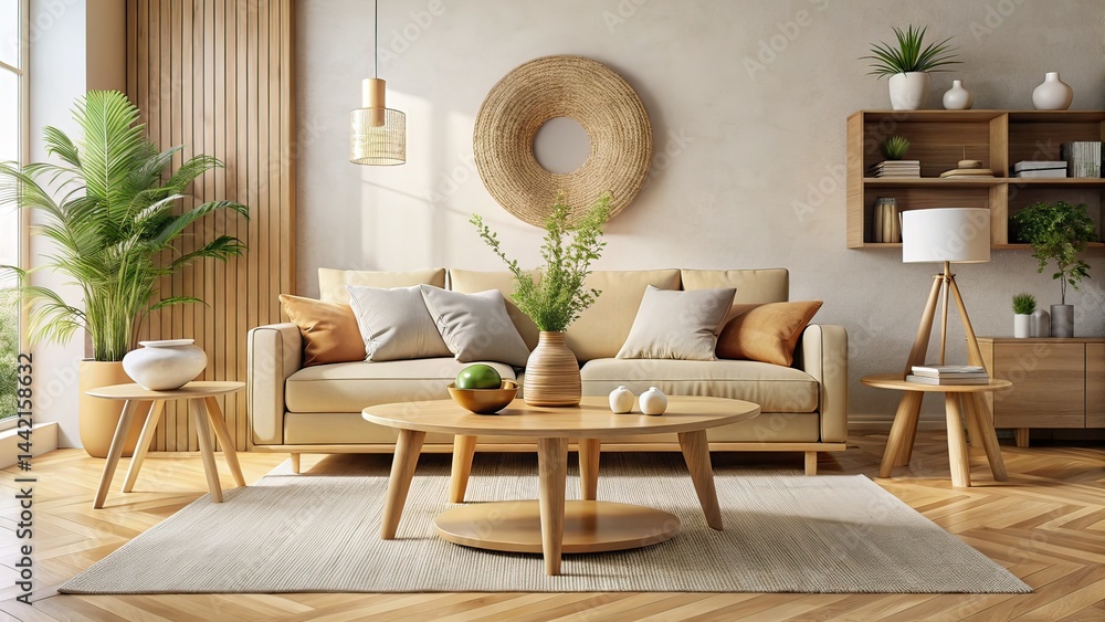 Minimalist Living Room Silhouette, Beige Tones, Wood Coffee Table