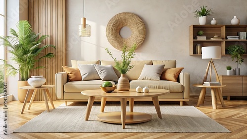 Obraz na płótnie Minimalist Living Room Silhouette, Beige Tones, Wood Coffee Table w salonie
