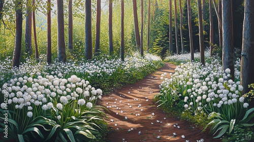 Idyllic forest path enveloped in blooming wild garlic offering tranquil scenery