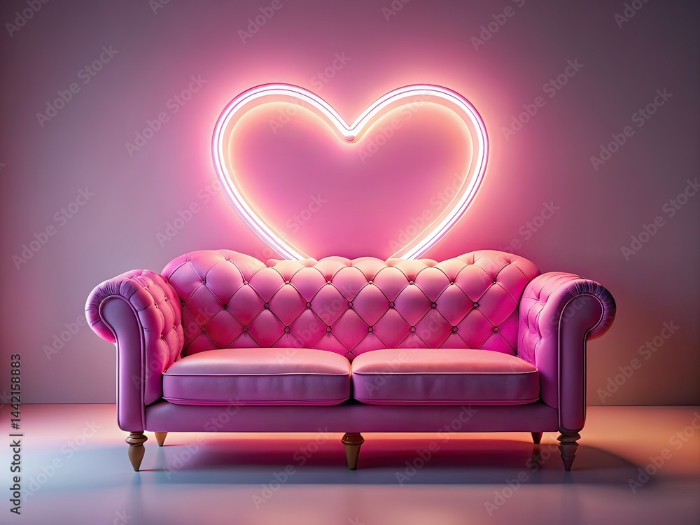 Minimalist Pink Sofa Mockup, Heart Backrest, Night Photography, Valentine's Day