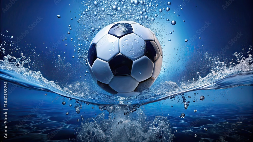 Minimalist Soccer Ball in Water, Blue Background, Drops
