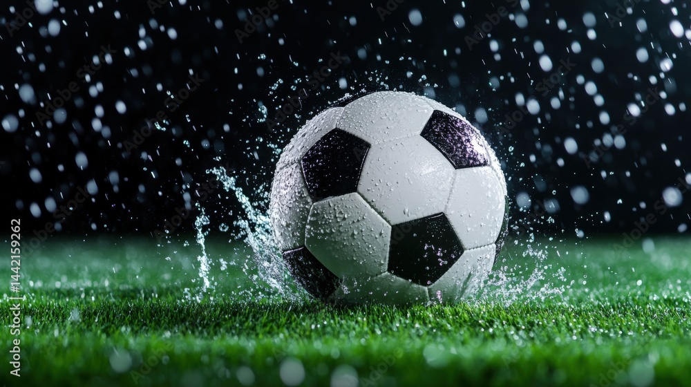 Fototapeta premium Soccer ball in rain on grass