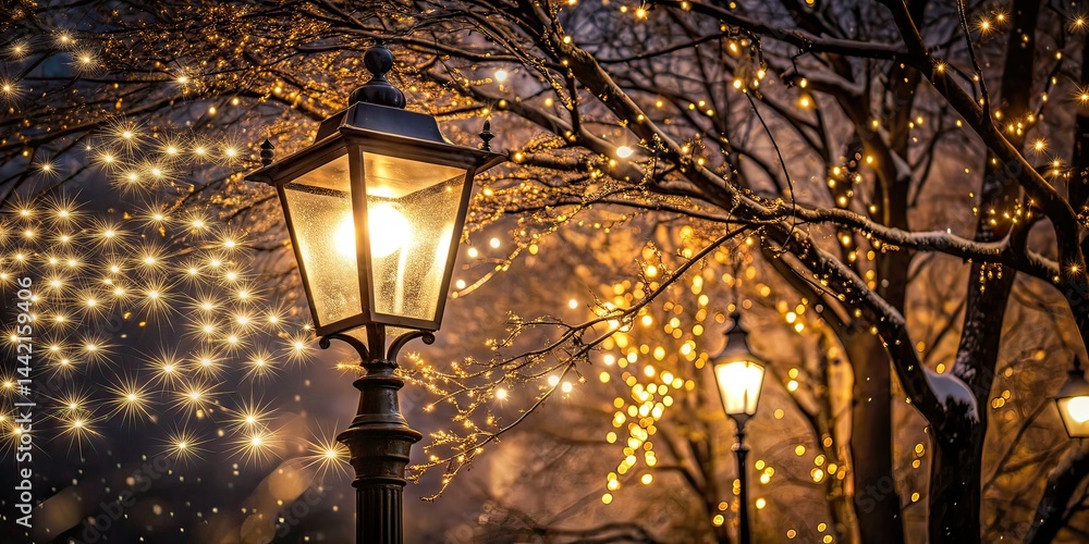 Minimalist Streetlamp Twinkling Lights Dark Trees Night Photography