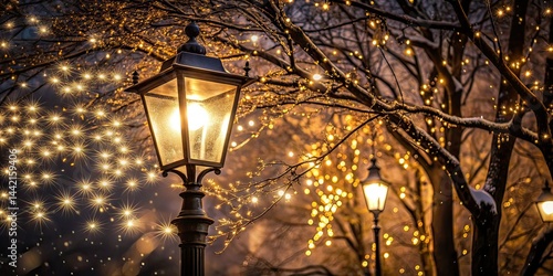 Obraz na płótnie Minimalist Streetlamp Twinkling Lights Dark Trees Night Photography w salonie