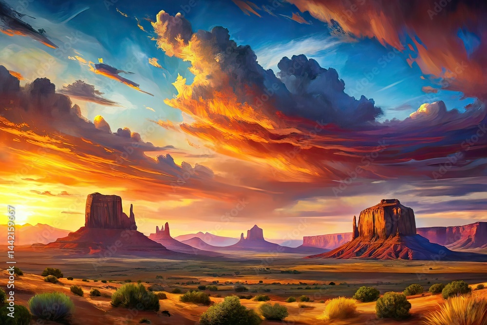 Minimalist Western Sunset Landscape, Dramatic Sky, AI Art