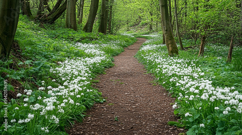 Enchanting woodland path adorned with a vibrant display of wild garlic blossoms