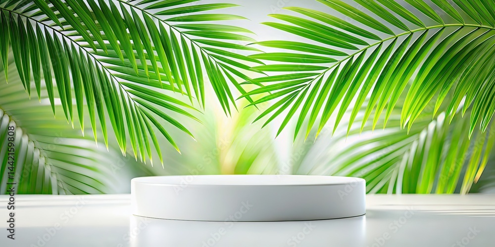 Minimalist White Podium Palm Leaf Background AI Photo, High Depth of Field, Product Display