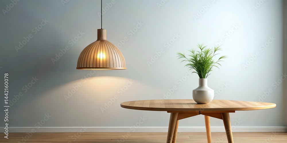 Minimalist Wooden Table, Pendant Light, Low Light, Modern Interior, Decorative Vase, Serene Atmosphere, Soft Shadows