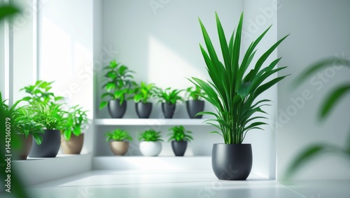 Brightly lit indoor garden featuring green potted houseplants for home decor on a white background.