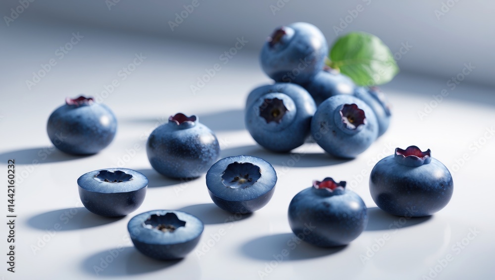Three blueberries along with three halved blueberries set against a background with clipping path. Three blueberries along with three halved blueberries set against a background with clipping path.