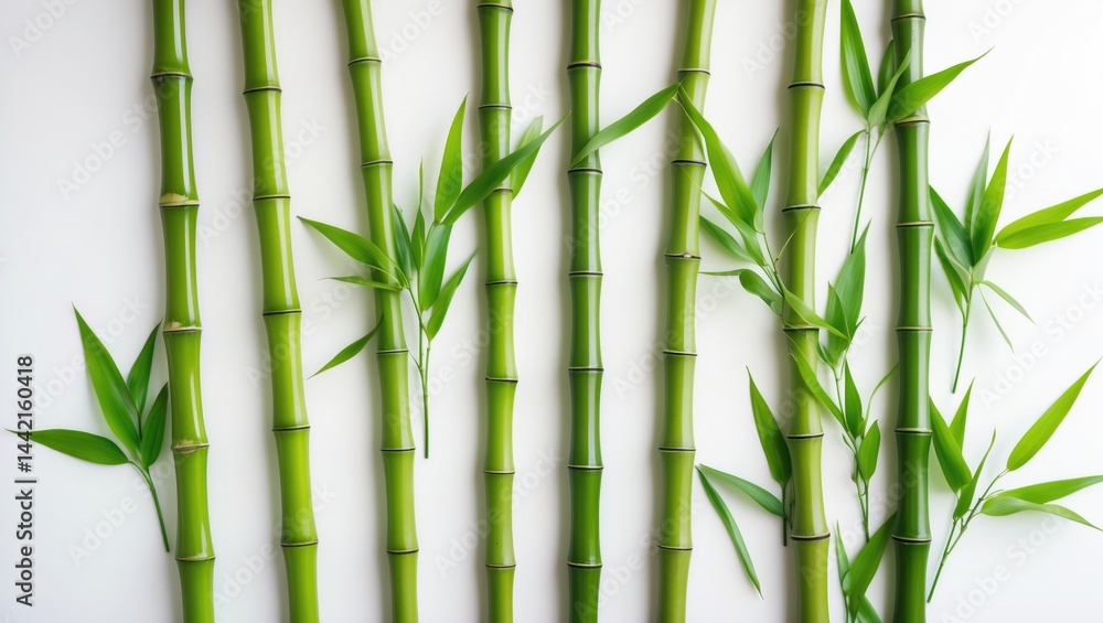 Fototapeta premium Top view of green bamboo with leaves isolated on white background, flat lay style