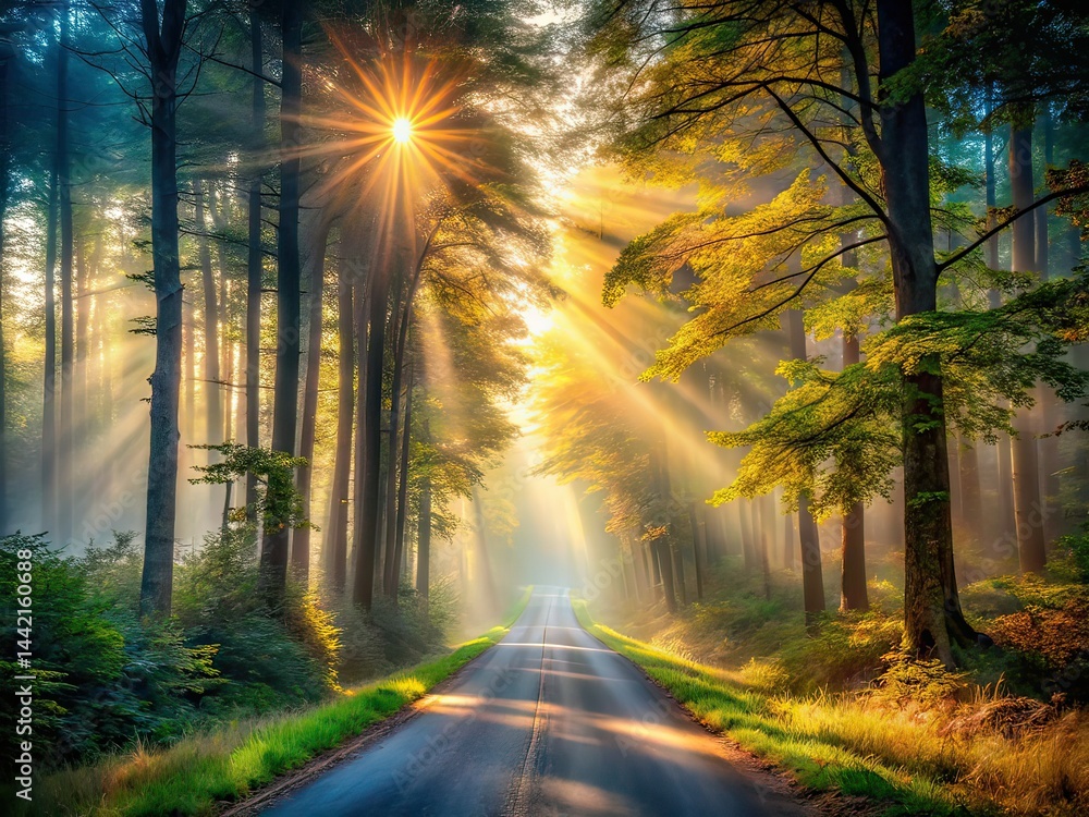Misty Forest Road Sunlight Rays AI Photo