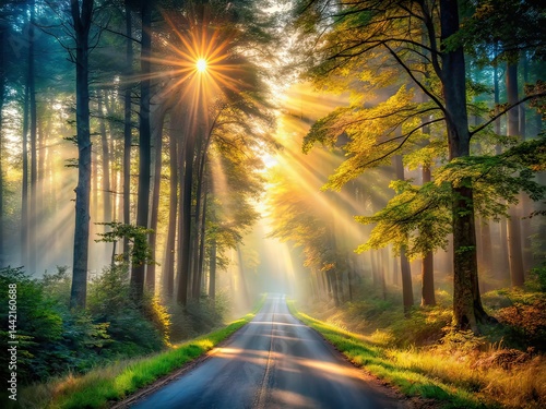 Obraz na płótnie Misty Forest Road Sunlight Rays AI Photo w salonie