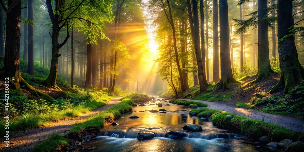 Misty Forest Stream Sunlit Path - Tranquil Nature Wallpaper