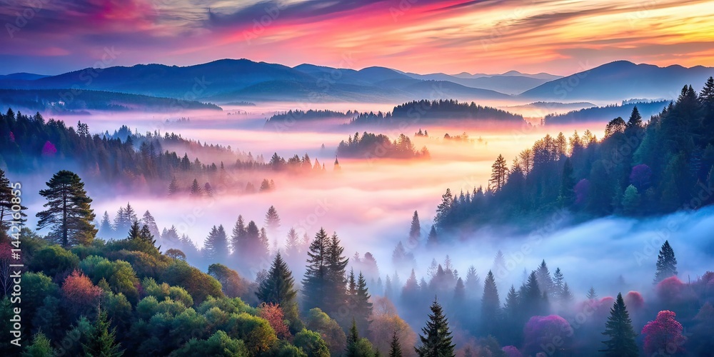 Misty Forest Sunrise - Enchanting Pink and Blue Landscape