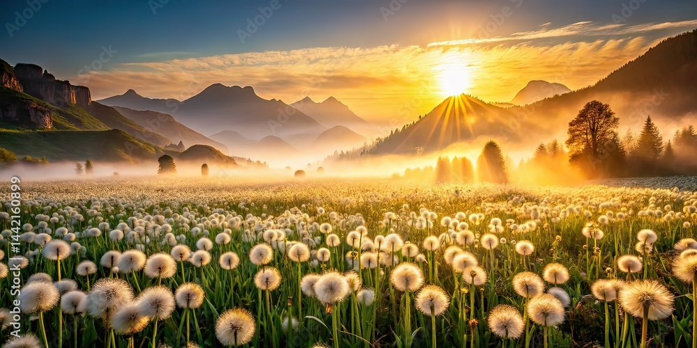 Misty Mountain Dandelion Field Sunrise - Vintage Photography