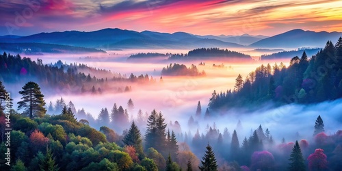 Obraz na płótnie Misty Forest Sunrise - Enchanting Pink and Blue Landscape w salonie