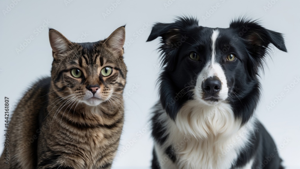 Image of a Tabby Cat and a Border Collie Sheepdog Gazing at the Camera with a White Background Image of a Tabby Cat and a Border Collie Sheepdog Gazing at the Camera with a White Background