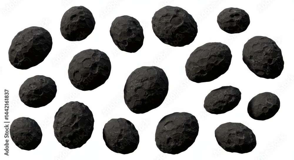 A collection of dark gray irregular shaped objects with rough surfaces scattered on a white background A collection of dark gray irregular shaped objects with rough surfaces scattered on a white background