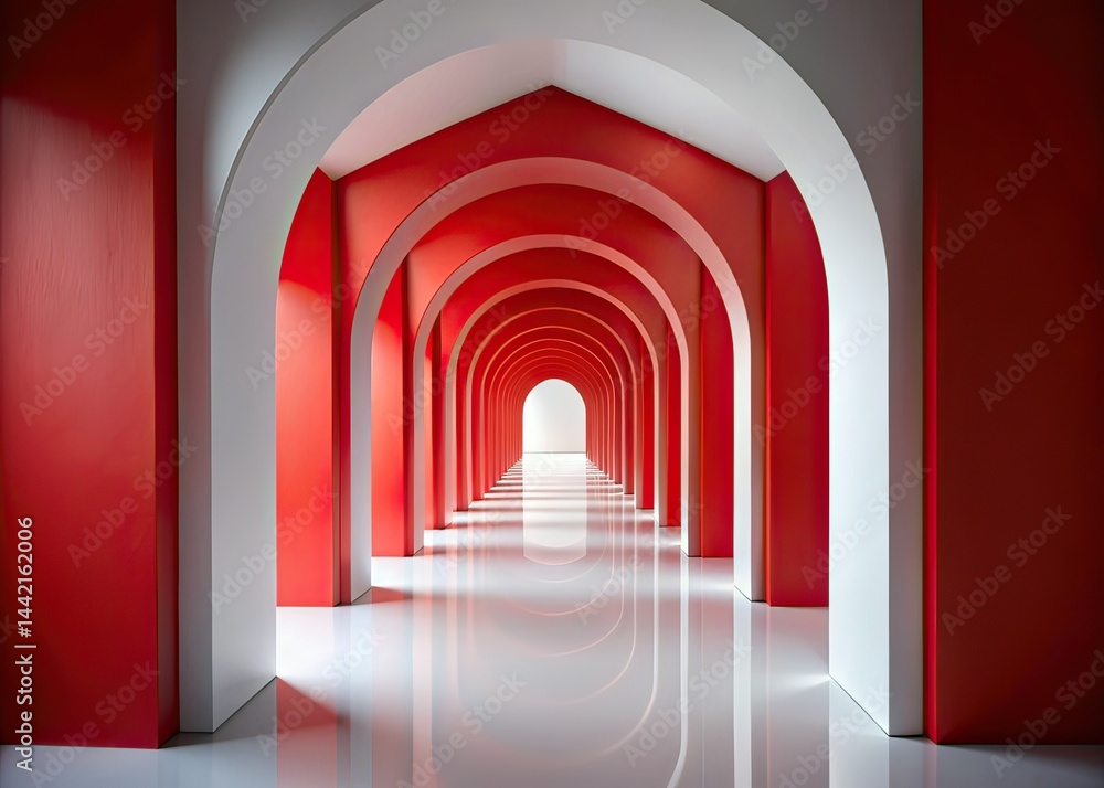 Modern Arched Corridor, Red Accents, Minimalist Interior Design, AI Photo