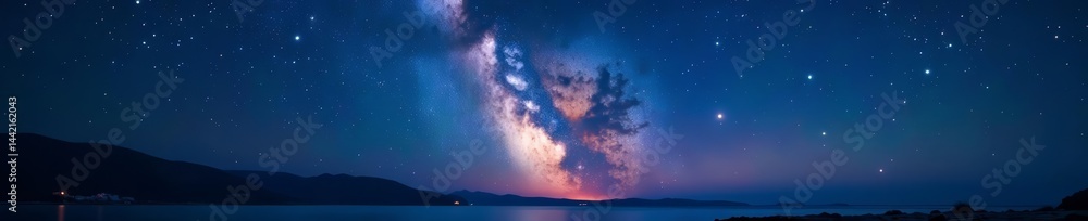 Naklejka premium Peaceful night sky with sparkling stars and milky way galaxy, beautiful, tranquil, starry