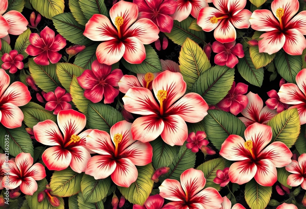 Patchwork of hibiscus flowers and tropical leaves in grunge abstract style Vector seamless pattern, bright, image Patchwork of hibiscus flowers and tropical leaves in grunge abstract style Vector seamless pattern, bright, image