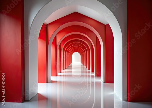 Modern Arched Corridor, Red Accents, Minimalist Interior Design, AI Photo